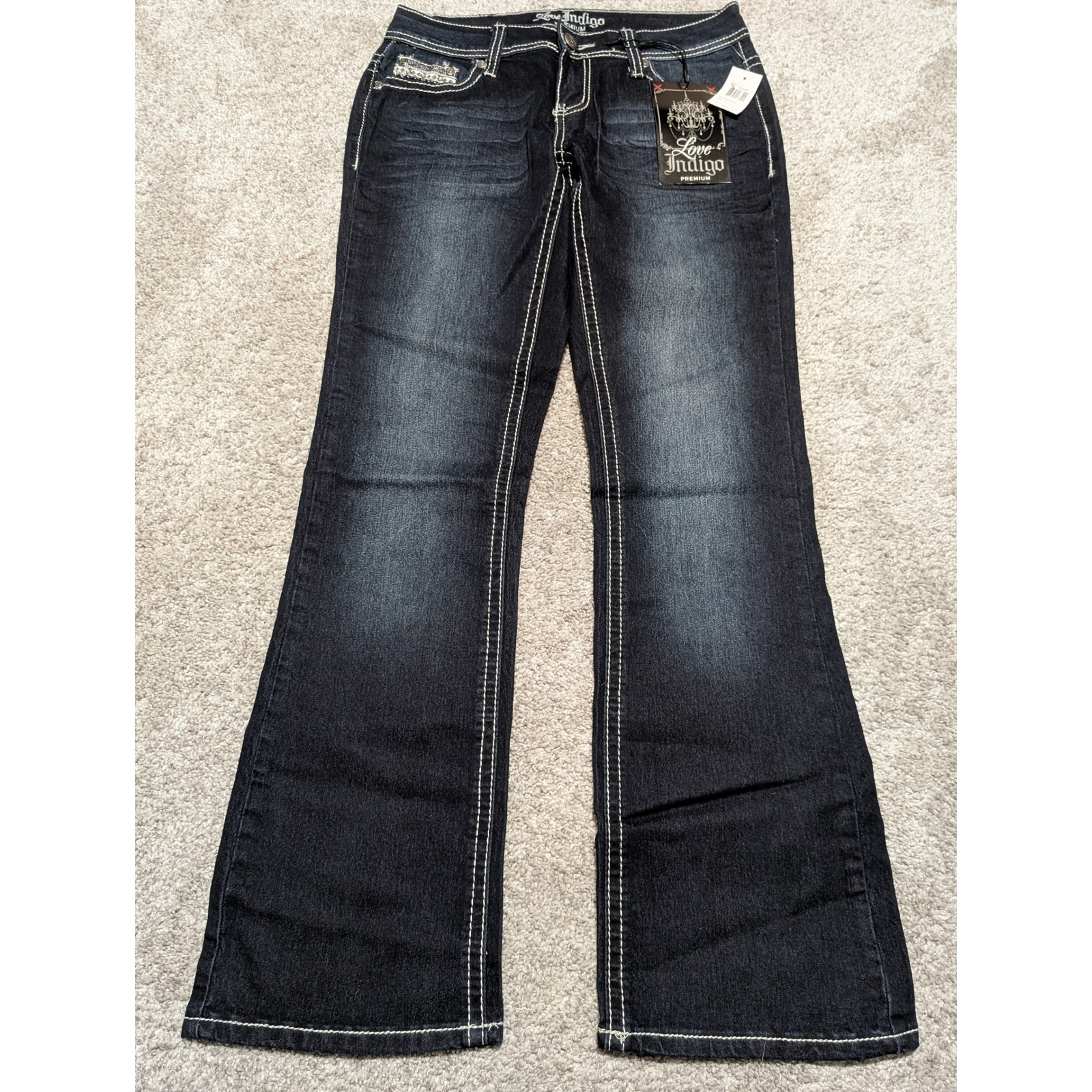 Love Indigo Premium Women's Dark Wash Bootcut Jeans Embellished Pockets Size 4p